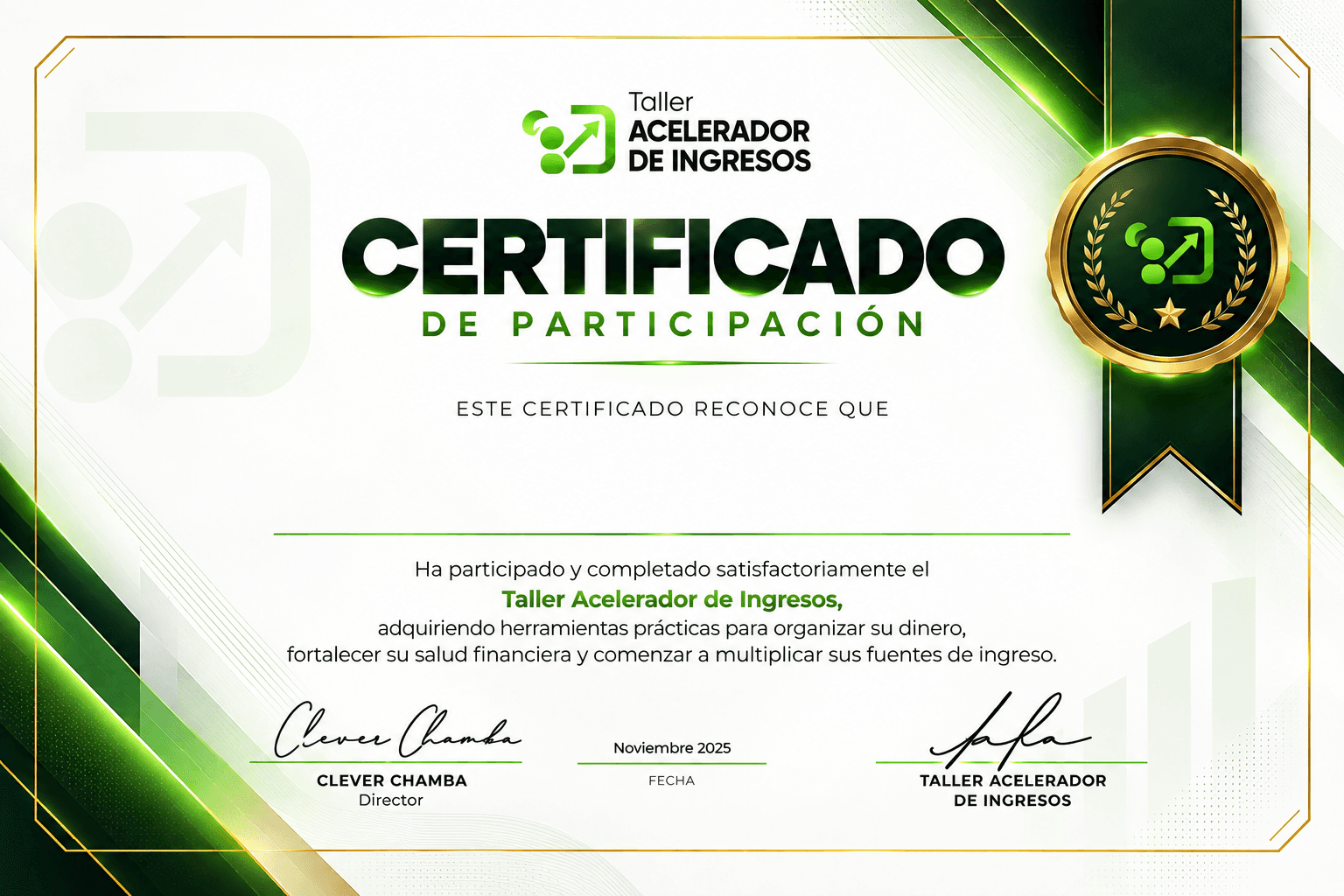 Certificado de participación del Taller Acelerador de Ingresos